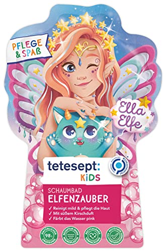 tetesept KIDS Schaumbad Elfenzauber - Kinderbad mit süßem Kirschduft und pflegender Rezeptur - Magischer Badeschaum und pinkes Wasser - 15 x ml im Sale
